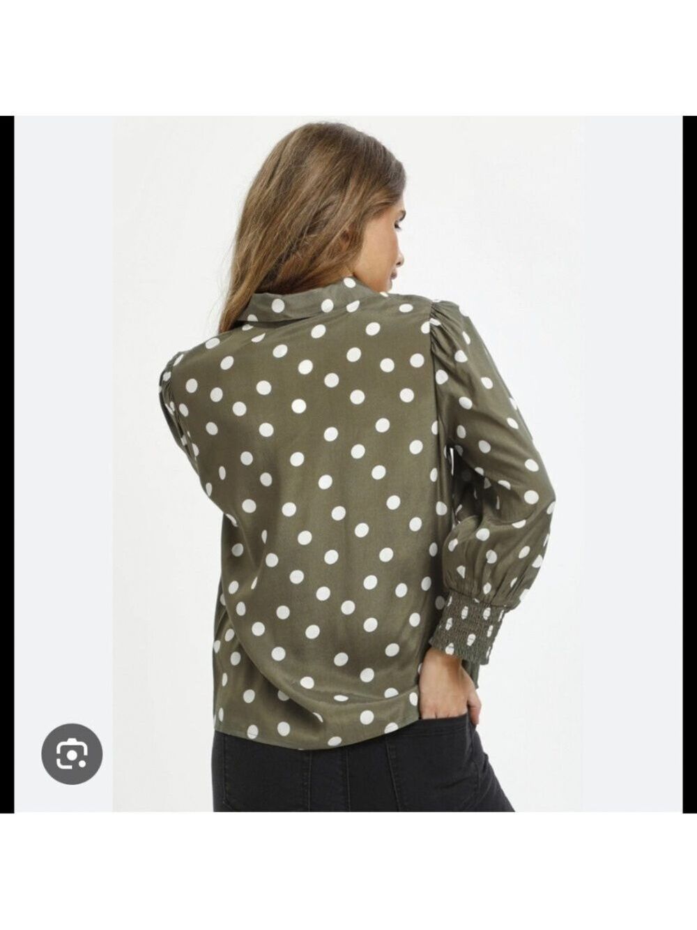 Kaffe Chic Olive Green Polka Dot Button Down Shirt size 36 Small-Medium - Picture 2 of 10
